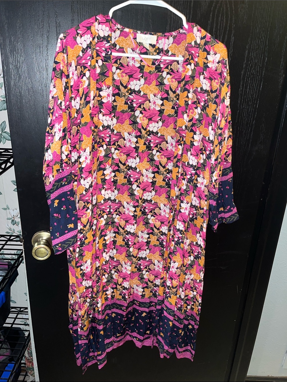 LOFT Floral Long Sleeve Midi Dress in Pink, Navy & Orange